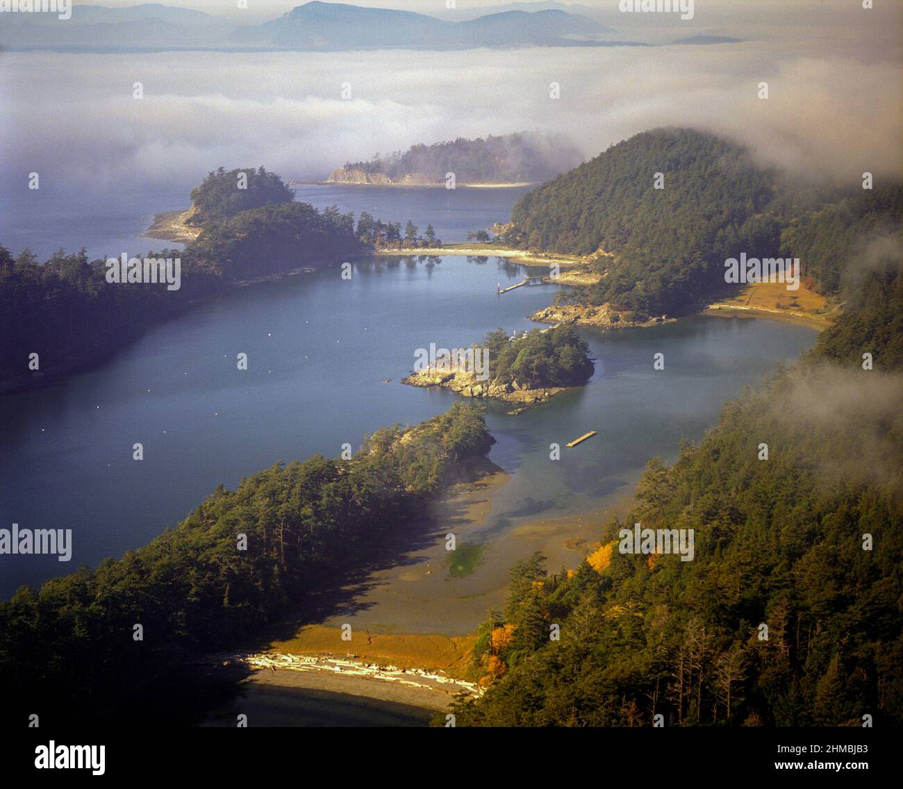 Sucia Island State Marine Park with lifting fog aerial Stock Photo