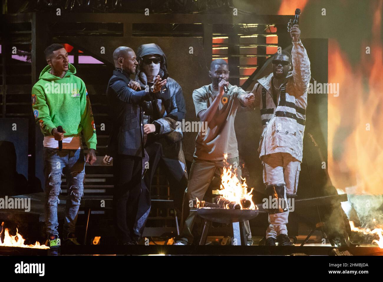 London, UK. 8 February 2022. (l-r) Fredo, Giggs, Meekz, and Ghetts ...