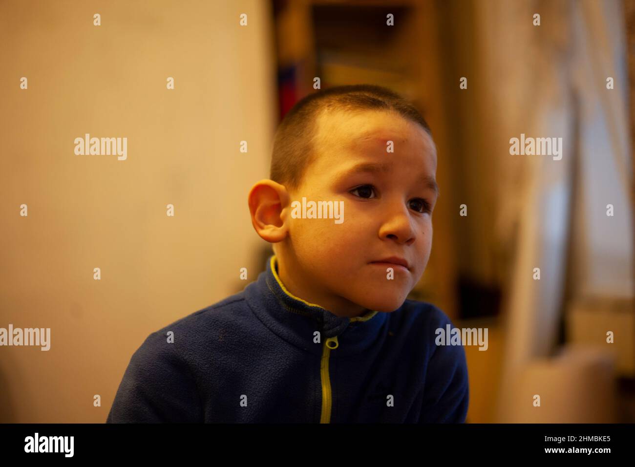 Portrait of child in room. Boy is home. Preschooler with calm expression. Boy looks at monitor which is located behind scenes. Stock Photo