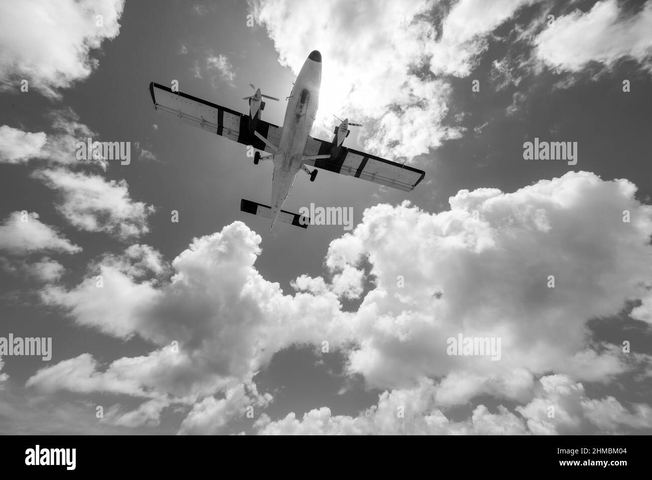 Small plane taking off on the tourist Maho beach in Sint Marteen, Netherlands Antilles Stock Photo
