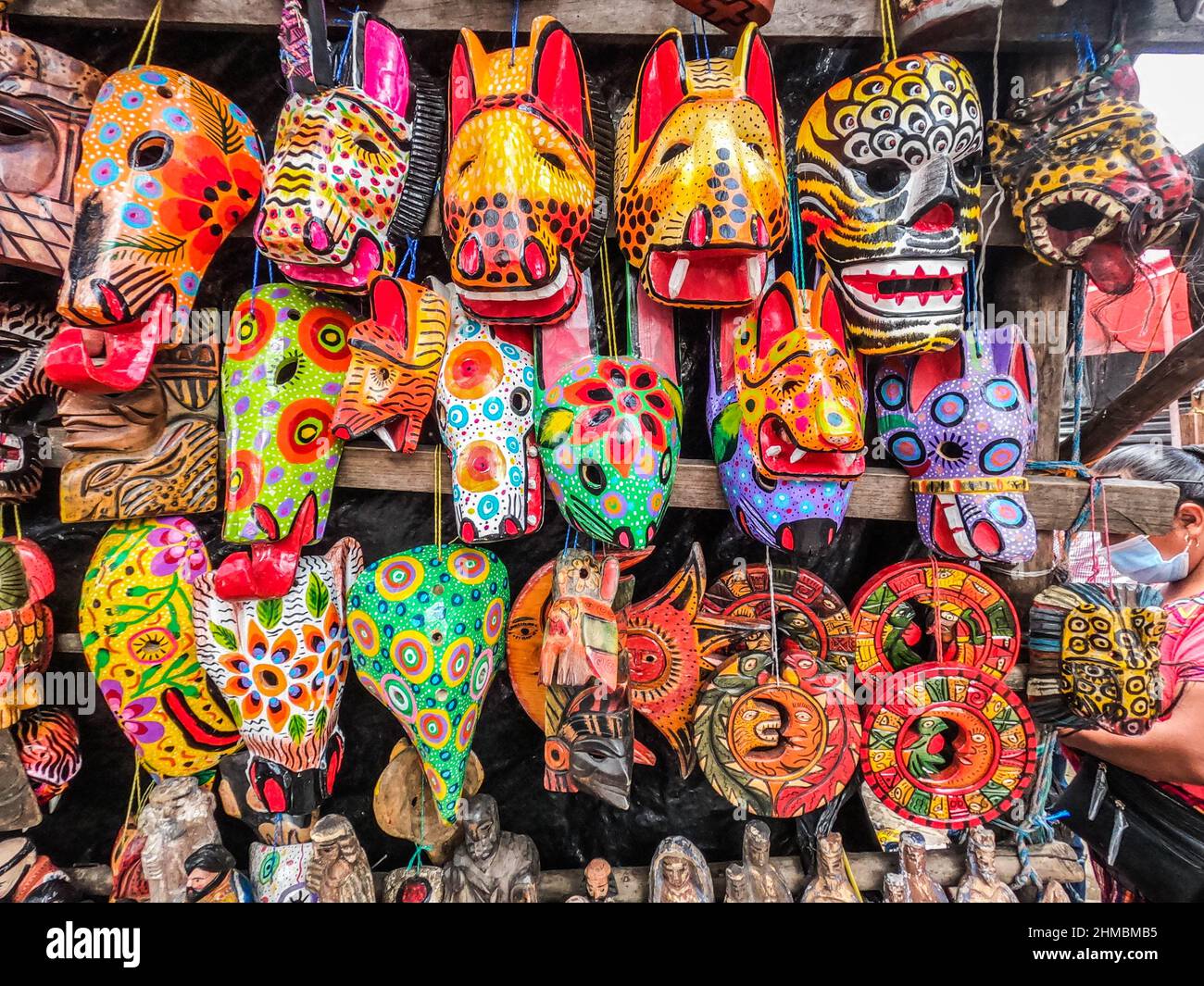 Masks for sale at the Sunday Market in Chichicastenango, Guatemal Stock Photo