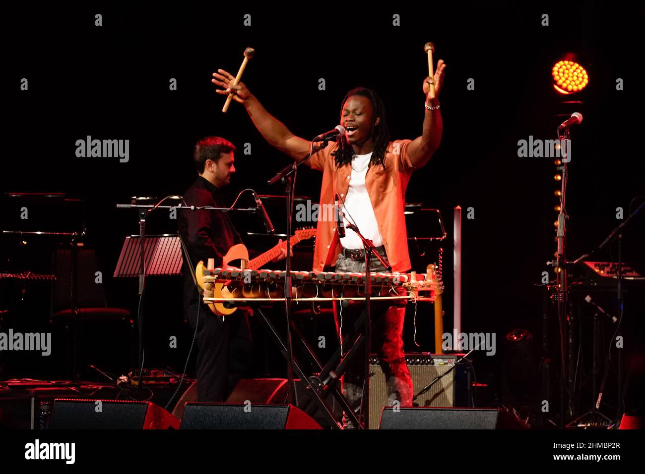 Glasgow Scotland, 5th February 2022. N’famady Kouyaté, Guinea west Africa multi-instrumentalist musician, performed at the Glasgow Theatre Royal at Ce Stock Photo