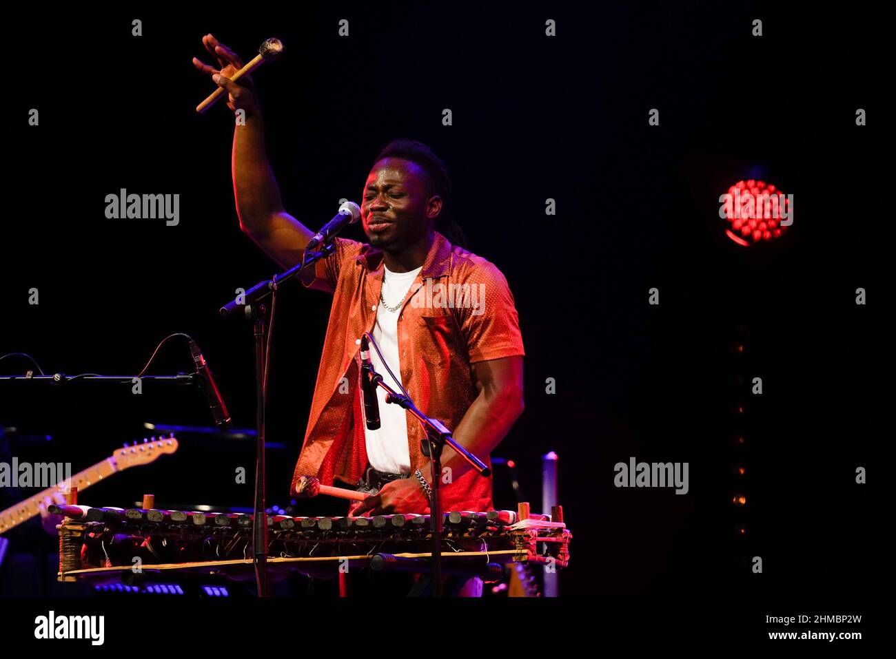 Glasgow Scotland, 5th February 2022. N’famady Kouyaté, Guinea west Africa multi-instrumentalist musician, performed at the Glasgow Theatre Royal at Ce Stock Photo