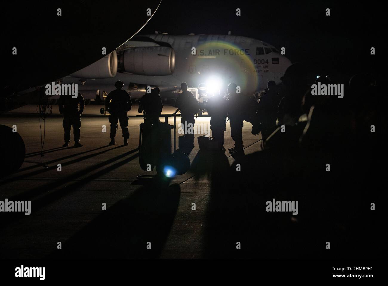 Ft. Bragg, United States. 08th Feb, 2022. U.S. Paratroopers assigned to the 82nd Airborne Division prepare to depart Ft. Bragg for the U.S. European Command area of responsibility at Pope Army Airfield, North Carolina, on February 06, 2022. The 82nd Airborne Division is deploying in support of U.S. European Command to assure our Allies and Partners in the region and deter any future aggression. Photo by Sgt. Hunter Garcia/U.S. Army/UPI Credit: UPI/Alamy Live News Stock Photo