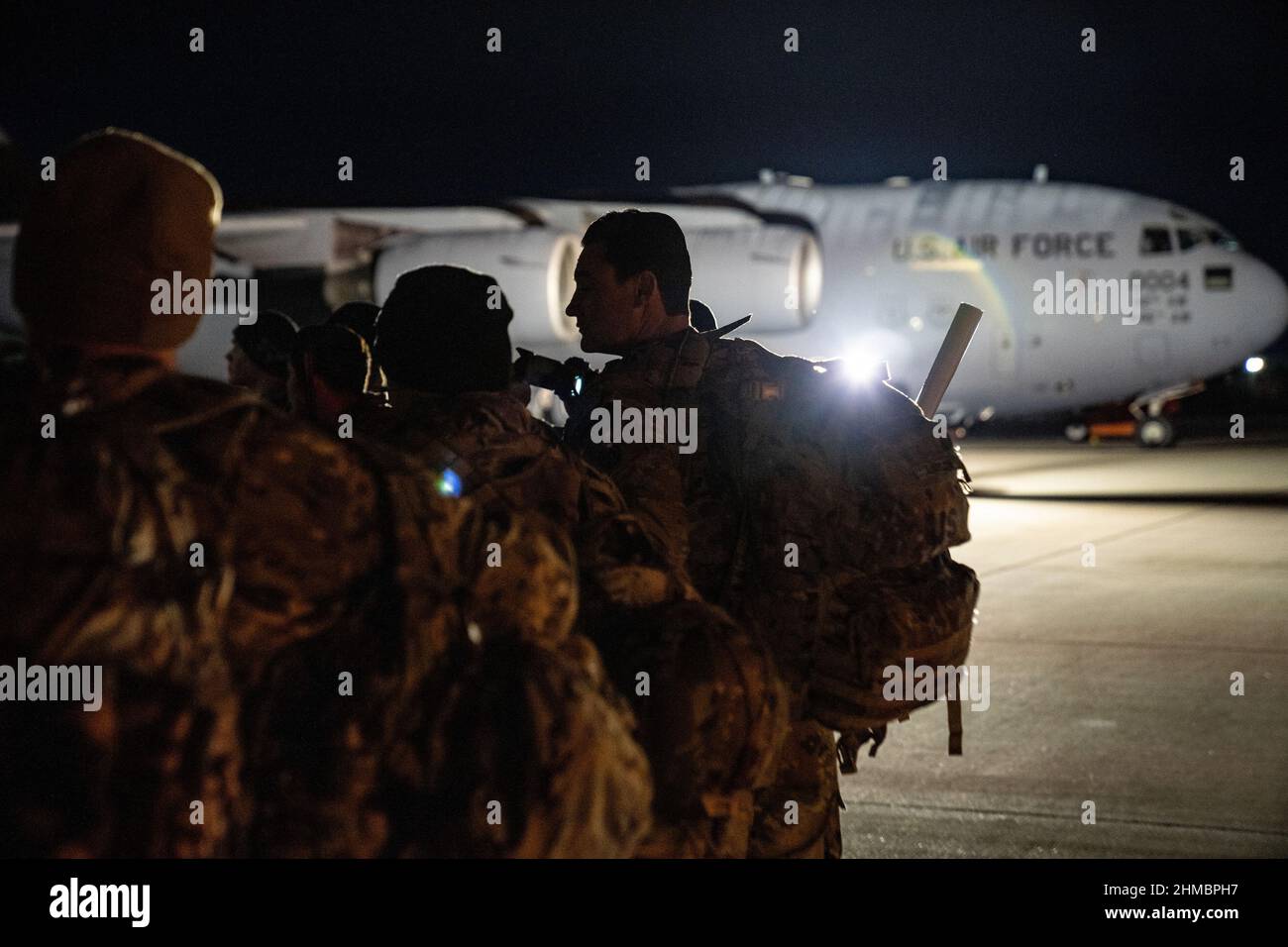 Ft. Bragg, United States. 08th Feb, 2022. U.S. Paratroopers assigned to the 82nd Airborne Division prepare to depart Ft. Bragg for the U.S. European Command area of responsibility at Pope Army Airfield, North Carolina, on February 06, 2022. The 82nd Airborne Division is deploying in support of U.S. European Command to assure our Allies and Partners in the region and deter any future aggression. Photo by Sgt. Hunter Garcia/U.S. Army/UPI Credit: UPI/Alamy Live News Stock Photo