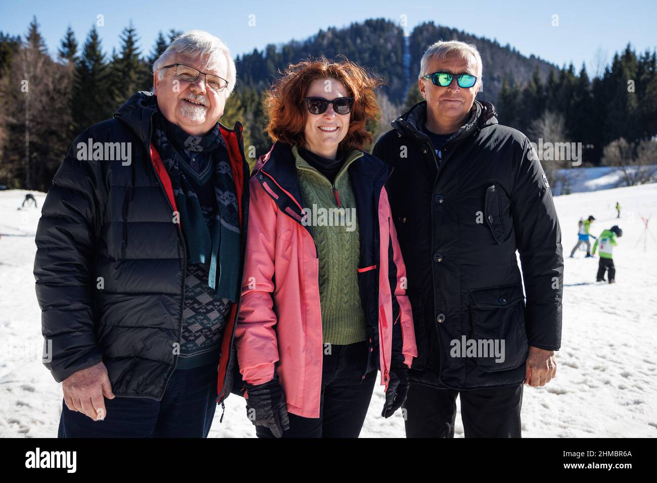 (L-R) The Mayor of Bled Janez Fajfar, Susan K. Falatko, Chargé d'Affaires at the United States Embassy in Ljubljana, and the manager of Zatrnik ski resort Ales Zalar pose for a photo at an event celebrating the 50th anniversary of Apollo 15 astronauts skiing at the Zatrnik ski resort in Slovenia. The crew of Apollo 15 visited Slovenia, then part of Yugoslavia, in 1972 on their European tour. Half a century ago Commander David R. Scott, Command Module Pilot Alfred M. Worden and Lunar Module Pilot James B. Irwin of the NASA's Apollo 15 lunar mission visited Slovenia. Their visit included skiing Stock Photo