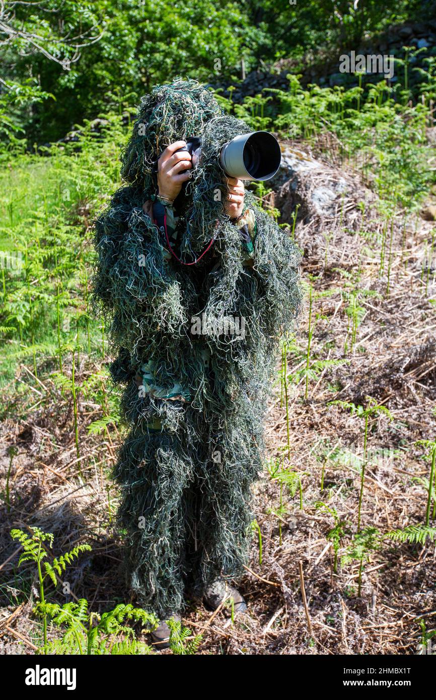 Wildlife photographer wearing a camouflage suit Stock Photo Alamy