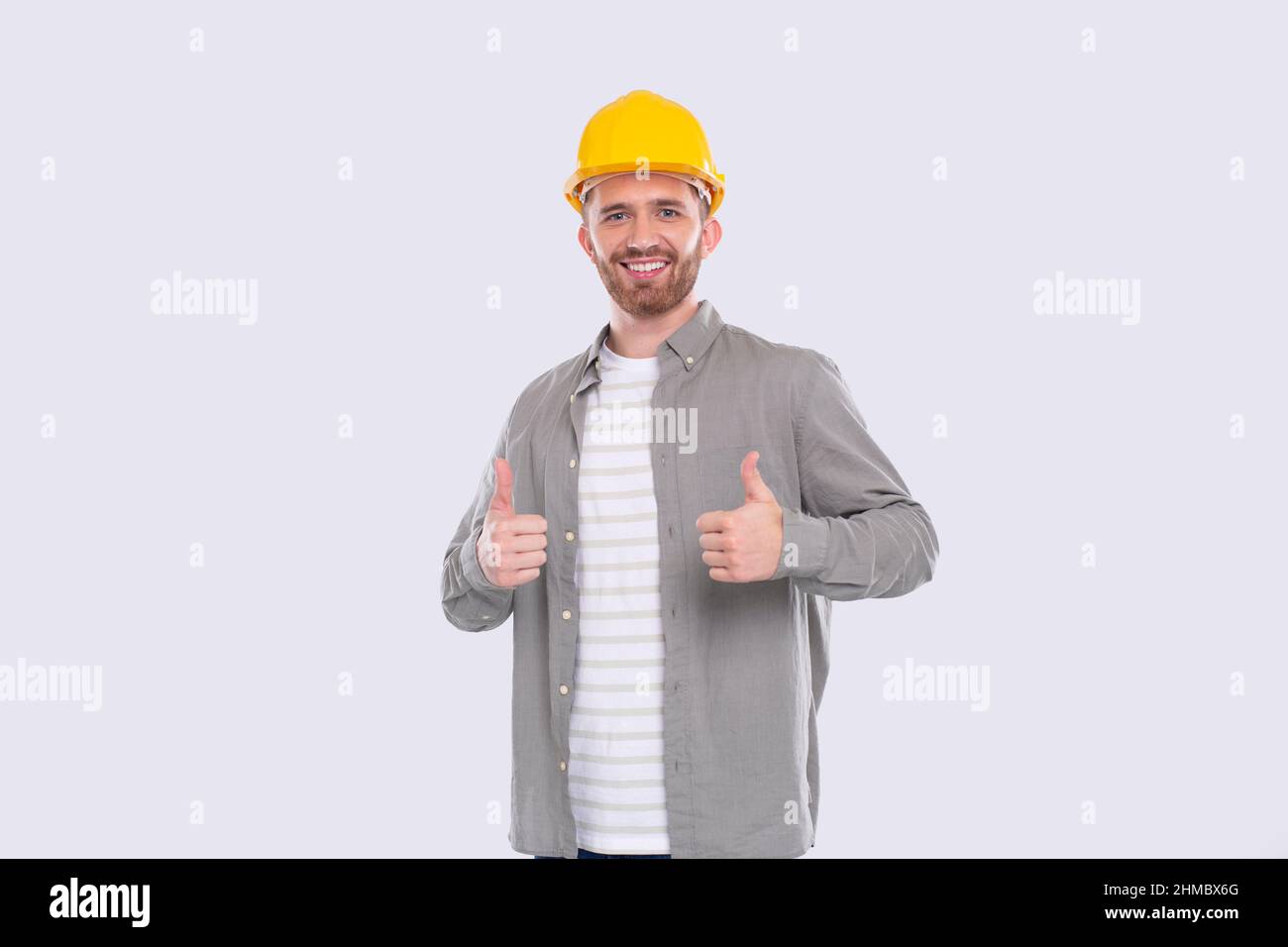 Construction Worker Showing Thumb Up Both Hands Smilling Isolated Standing Stock Photo