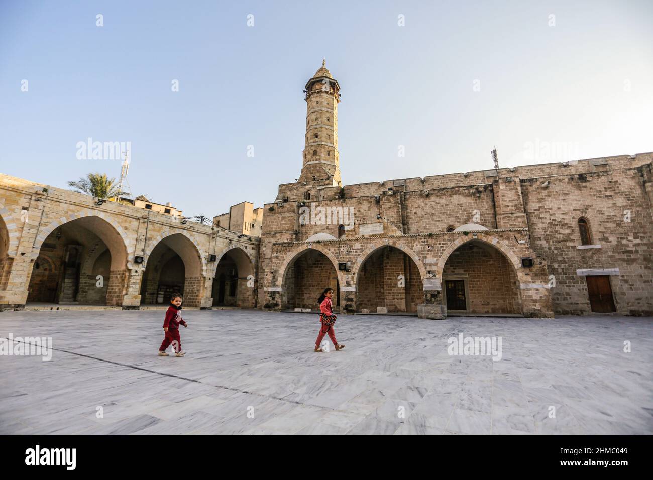 Gaza City, Palestine. 07th Feb, 2022. Palestinian children play in the courtyard of the Great Omari Mosque in Gaza City. (Photo by Mahmoud Issa/SOPA Images/Sipa USA) Credit: Sipa USA/Alamy Live News Stock Photo