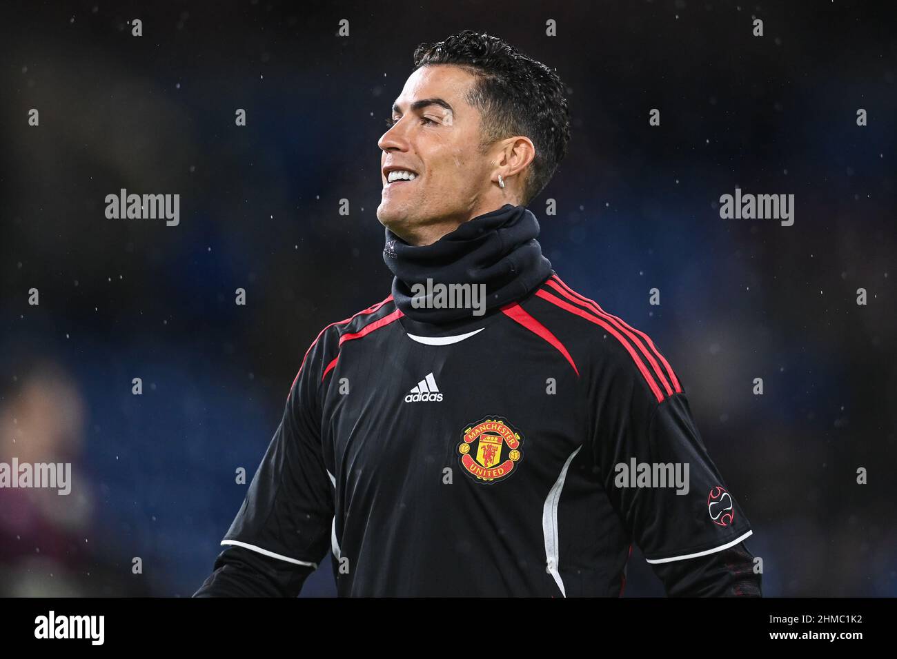 Cristiano Ronaldo #7 of Manchester United smiles during the pre-game warmup in, on 2/8/2022. (Photo by Craig Thomas/News Images/Sipa USA) Credit: Sipa USA/Alamy Live News Stock Photo