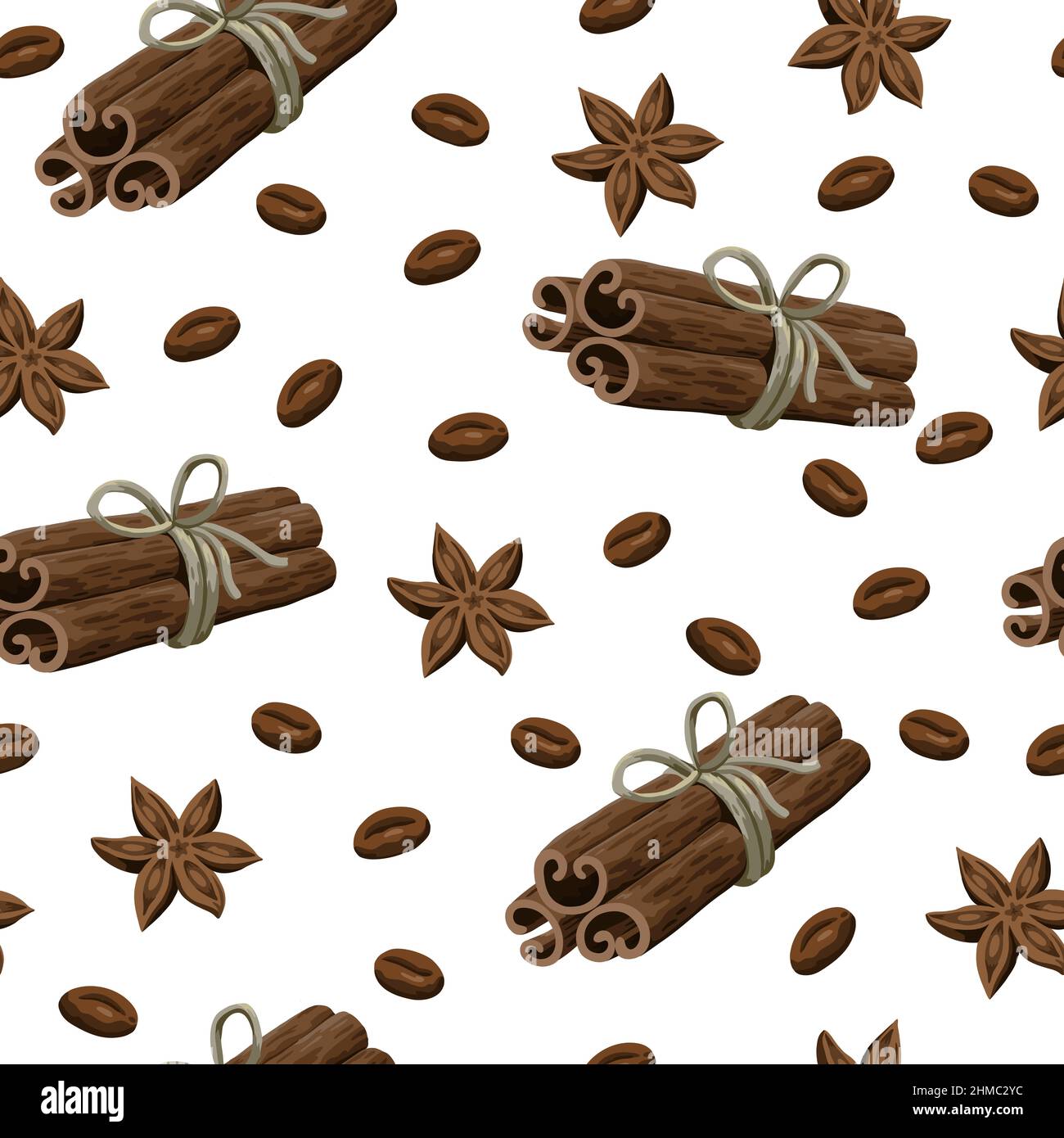 Seamless pattern with coffee, star anise and cinnamon sticks. Stock Vector