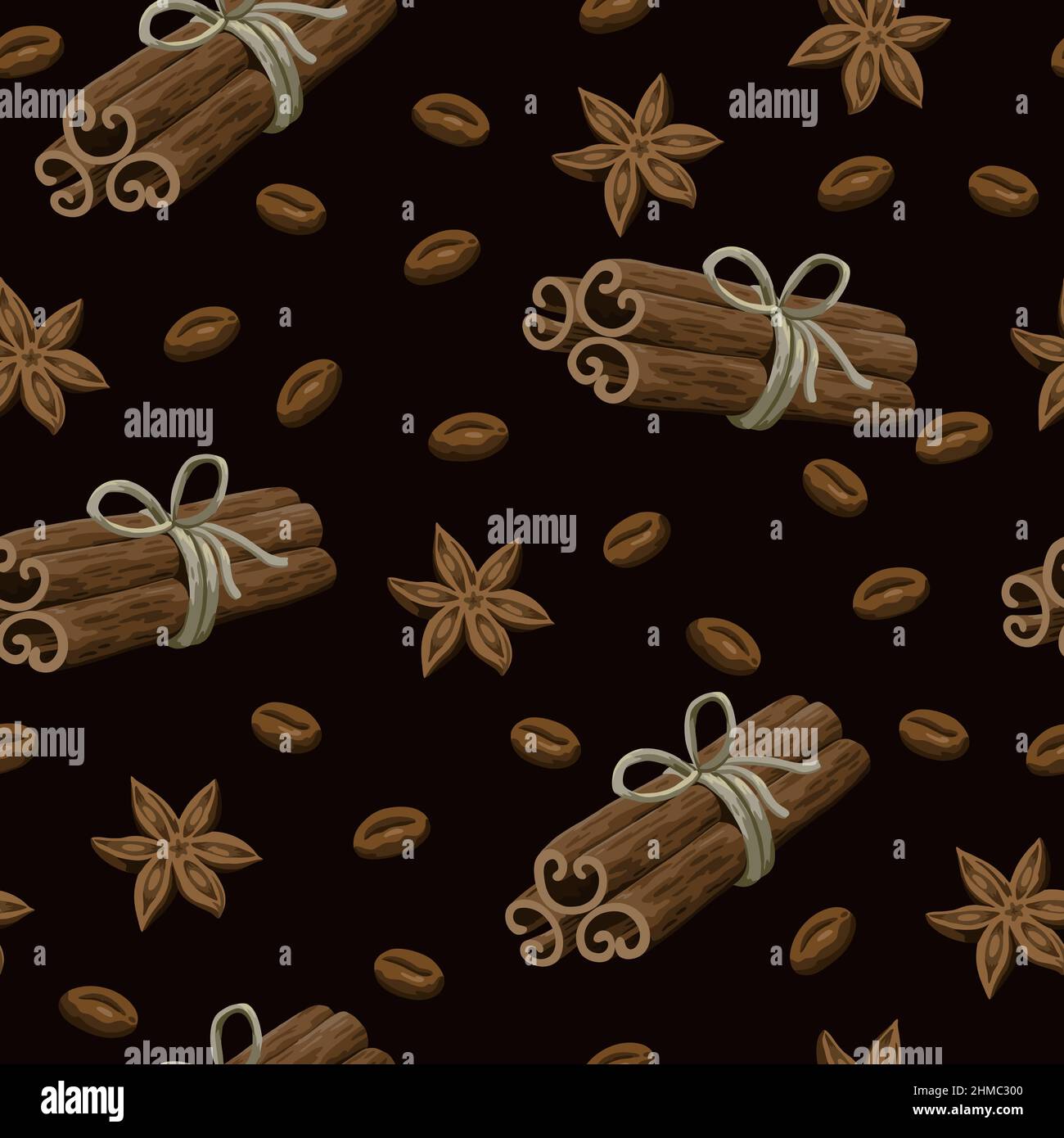 Seamless pattern with coffee, star anise and cinnamon sticks. Stock Vector