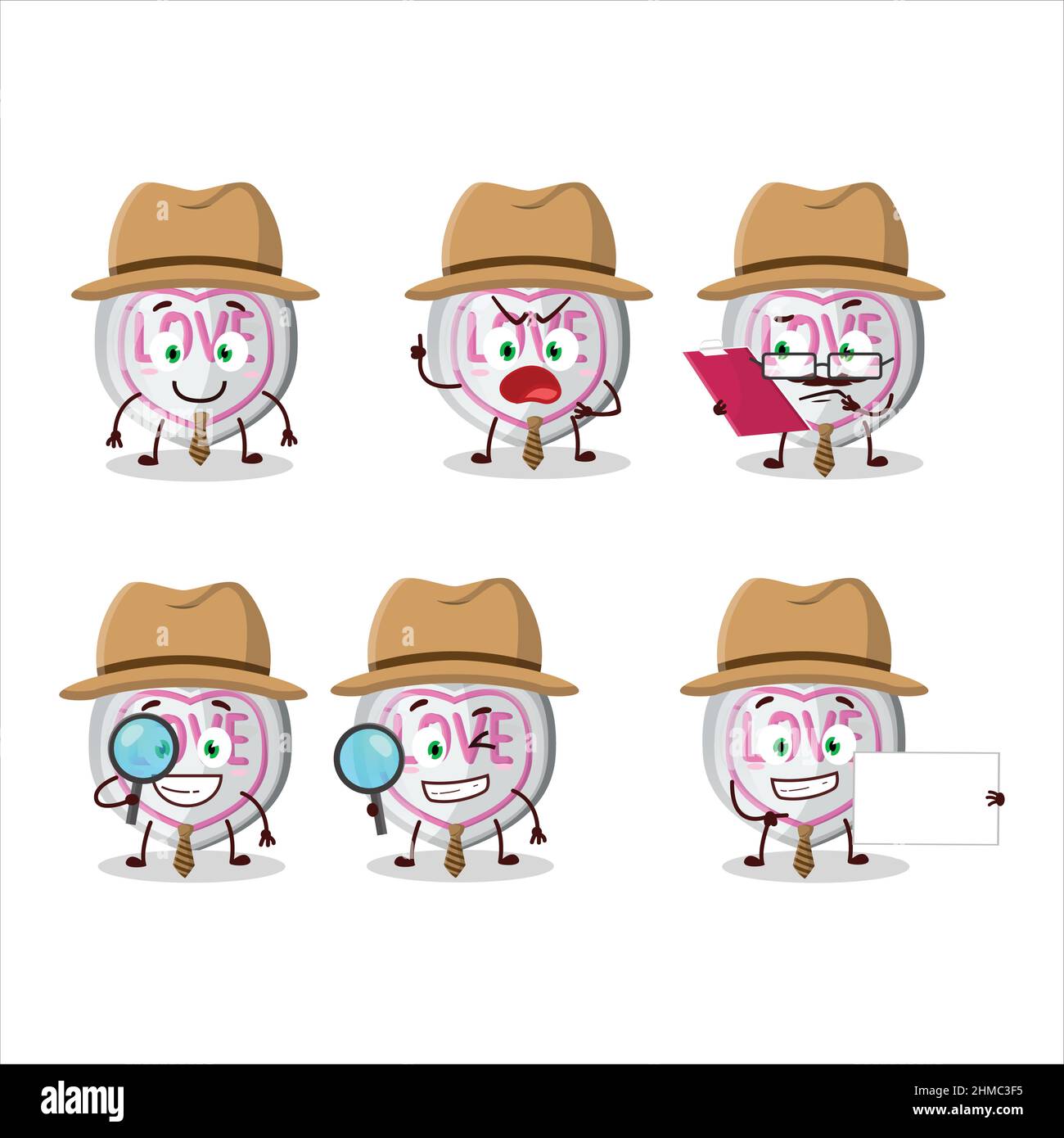 Detective white love candy cute cartoon character holding magnifying