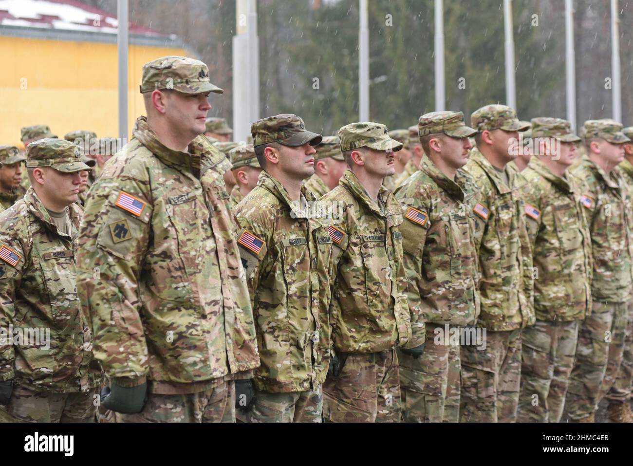 USA instructors seen during the opening ceremony of the next stage of training of the Armed Forces units under the program 'Joint Multinational Training Group - Ukraine' (JMTG-U). Stock Photo
