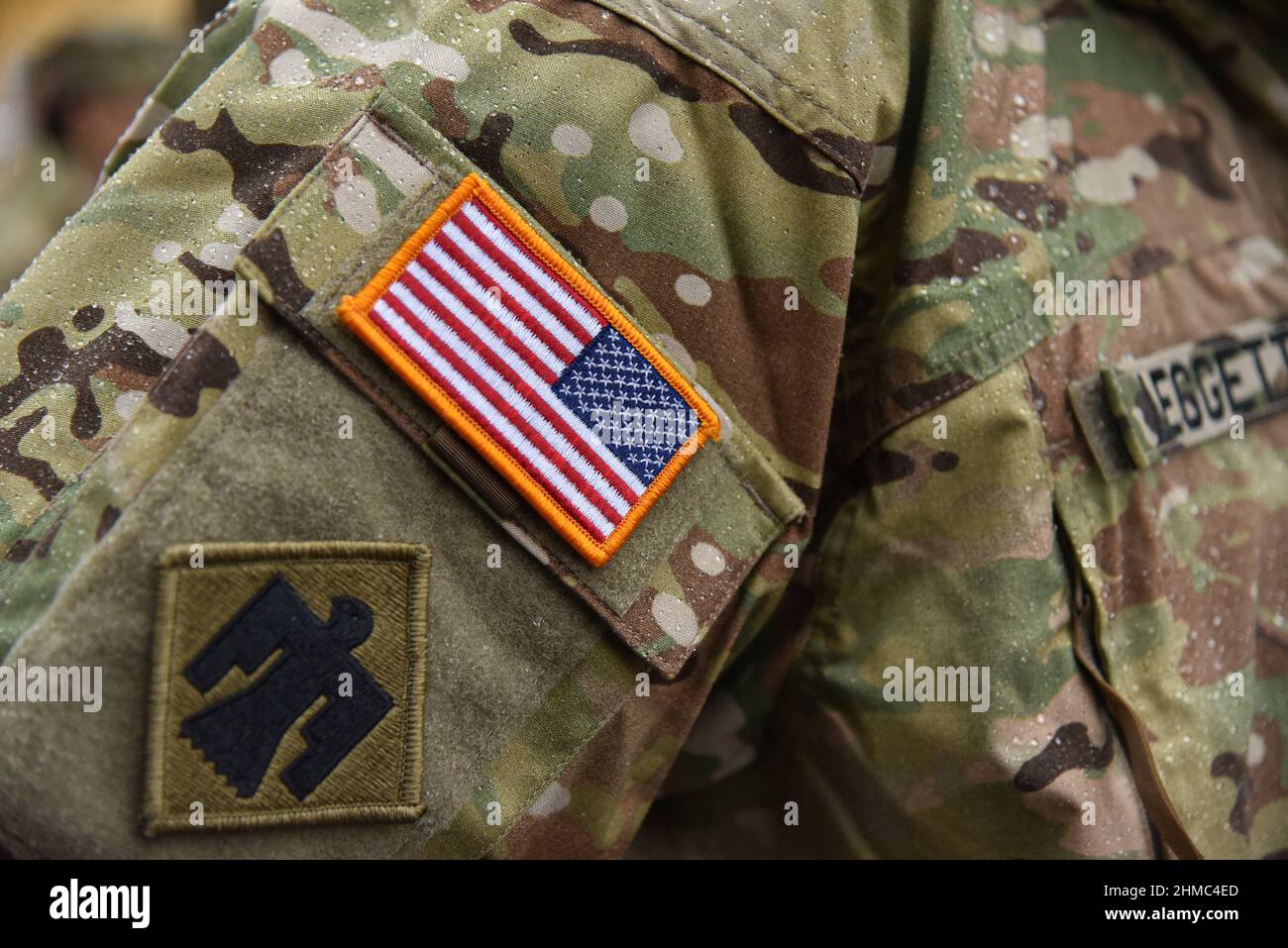 USA instructors chevron seen during Opening ceremony of the next stage of training of the Armed Forces units under the program 'Joint Multinational Training Group - Ukraine' (JMTG-U). Stock Photo