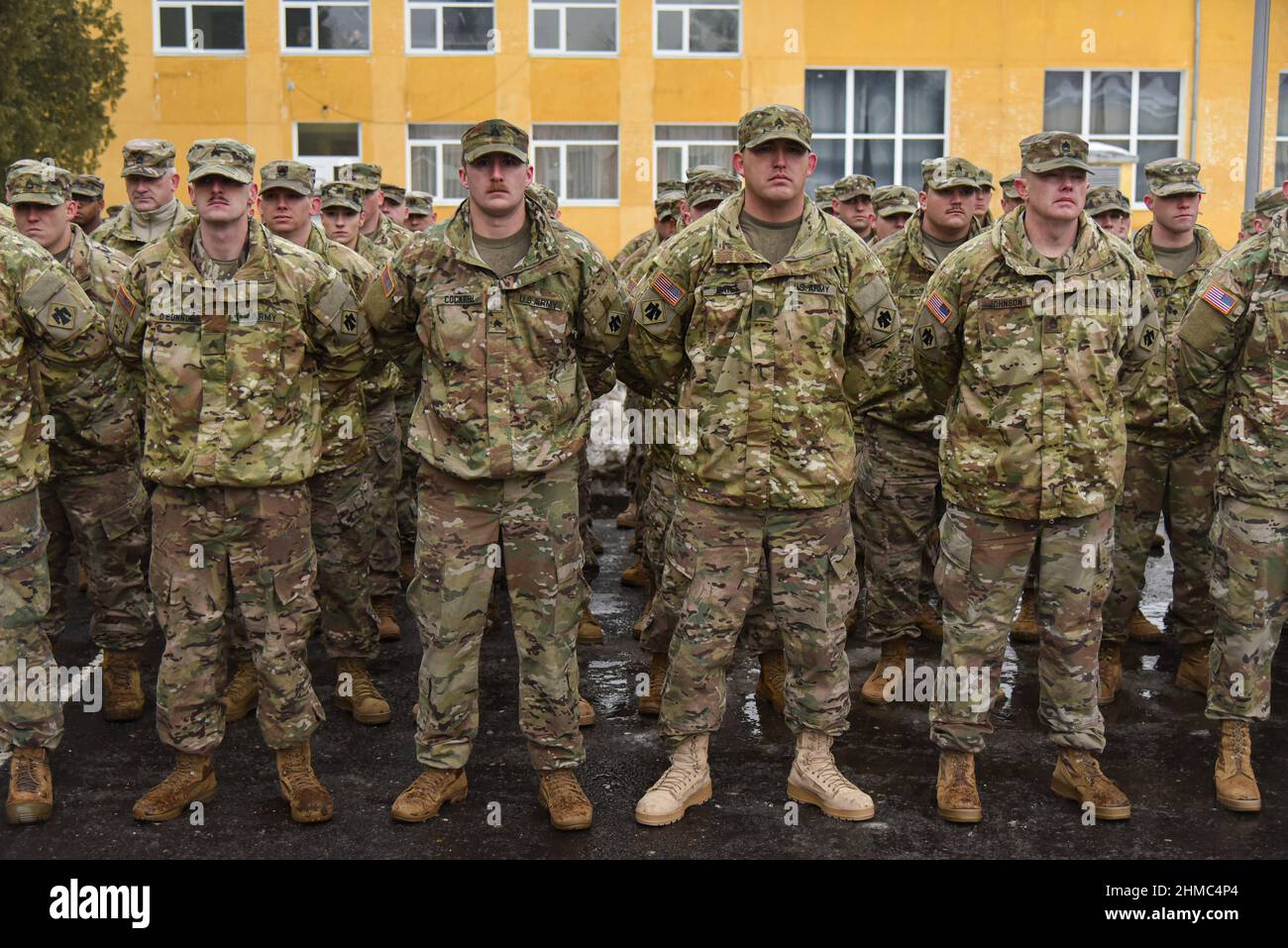 Starychi, Ukraine. 02nd Feb, 2017. USA instructors seen during the opening ceremony of the next stage of training of the Armed Forces units under the program 'Joint Multinational Training Group - Ukraine' (JMTG-U). (Photo by Mykola Tys/SOPA Images/Sipa USA) Credit: Sipa USA/Alamy Live News Stock Photo
