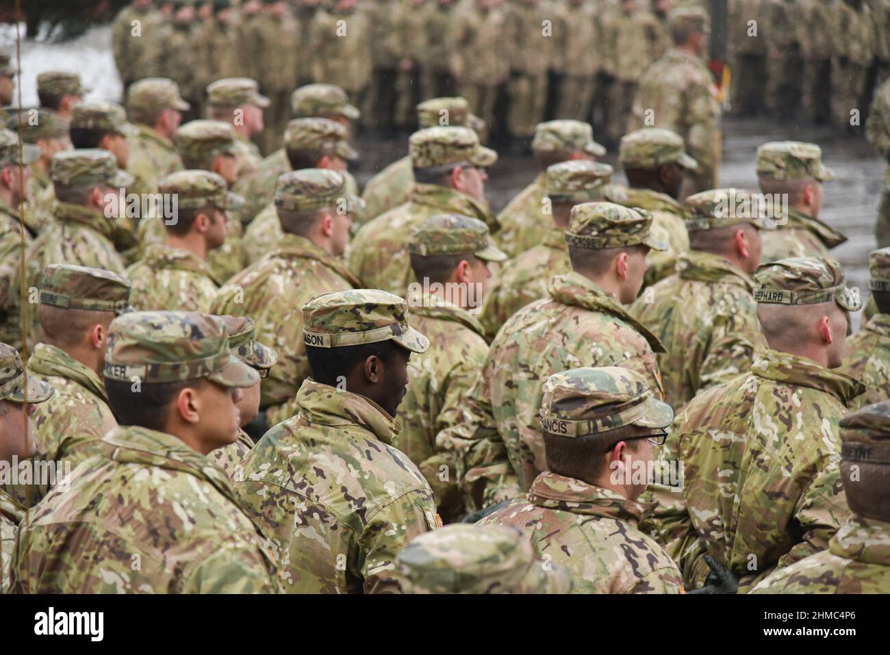 Starychi, Ukraine. 02nd Feb, 2017. USA instructors seen during the opening ceremony of the next stage of training of the Armed Forces units under the program 'Joint Multinational Training Group - Ukraine' (JMTG-U). (Photo by Mykola Tys/SOPA Images/Sipa USA) Credit: Sipa USA/Alamy Live News Stock Photo