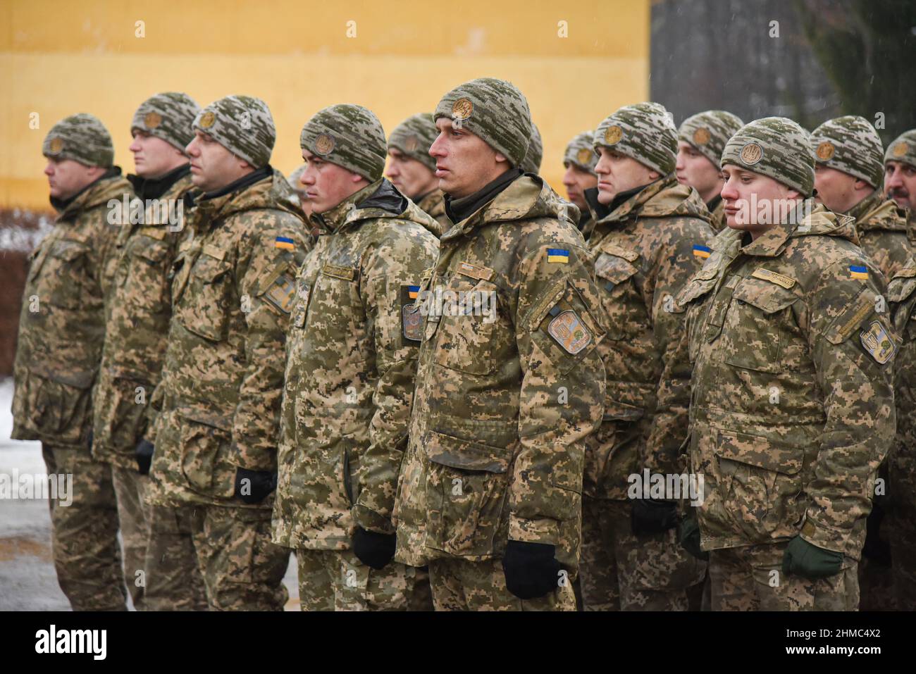 Starychi, Lvivska, Ukraine. 2nd Feb, 2017. Ukrainian soldiers seen during the opening ceremony of the next stage of training of the Armed Forces units under the program ''Joint Multinational Training Group - Ukraine' (Credit Image: © Mykola Tys/SOPA Images via ZUMA Press Wire) Stock Photo