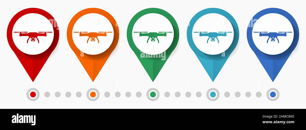 Drone concept vector icon set, flat design pointers, infographic template Stock Vector