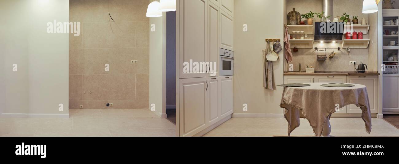 Installation of a new modern home kitchen after renovation in the house