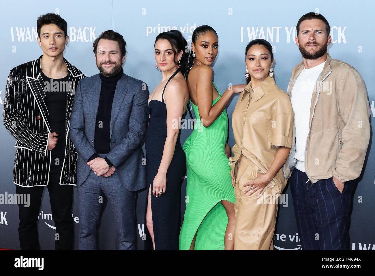 Los Angeles, United States. 08th Feb, 2022. LOS ANGELES, CALIFORNIA, USA - FEBRUARY 08: Actors Manny Jacinto, Charlie Day, Jenny Slate, Clark Backo, Gina Rodriguez and Scott Eastwood arrive at the Los Angeles Premiere Of Amazon Prime's 'I Want You Back' held at ROW DTLA on February 8, 2022 in Los Angeles, California, United States. (Photo by Xavier Collin/Image Press Agency) Credit: Image Press Agency/Alamy Live News Stock Photo