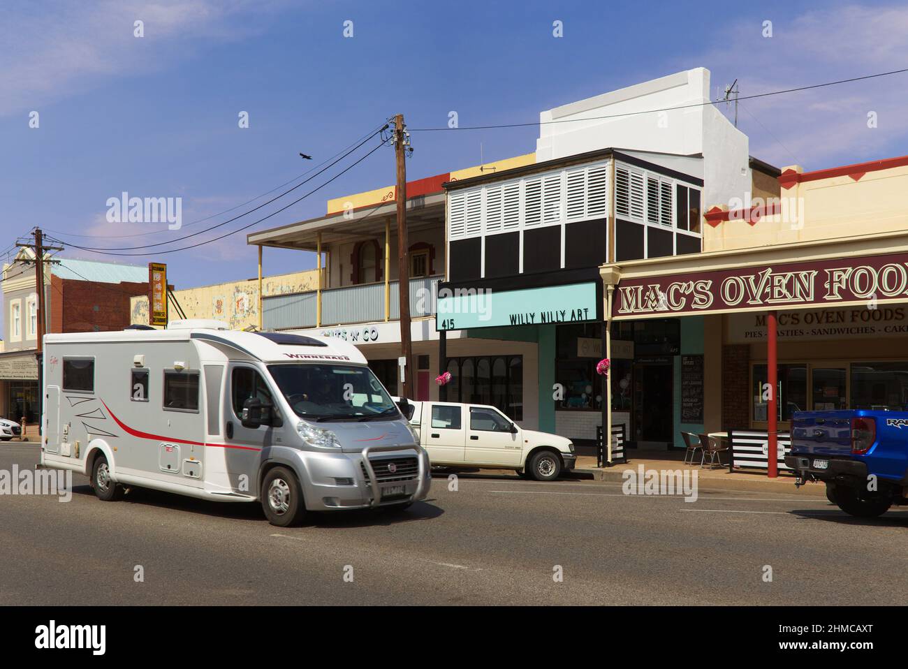 RV driving along the historic streetscape of Argent Street Broken Hill