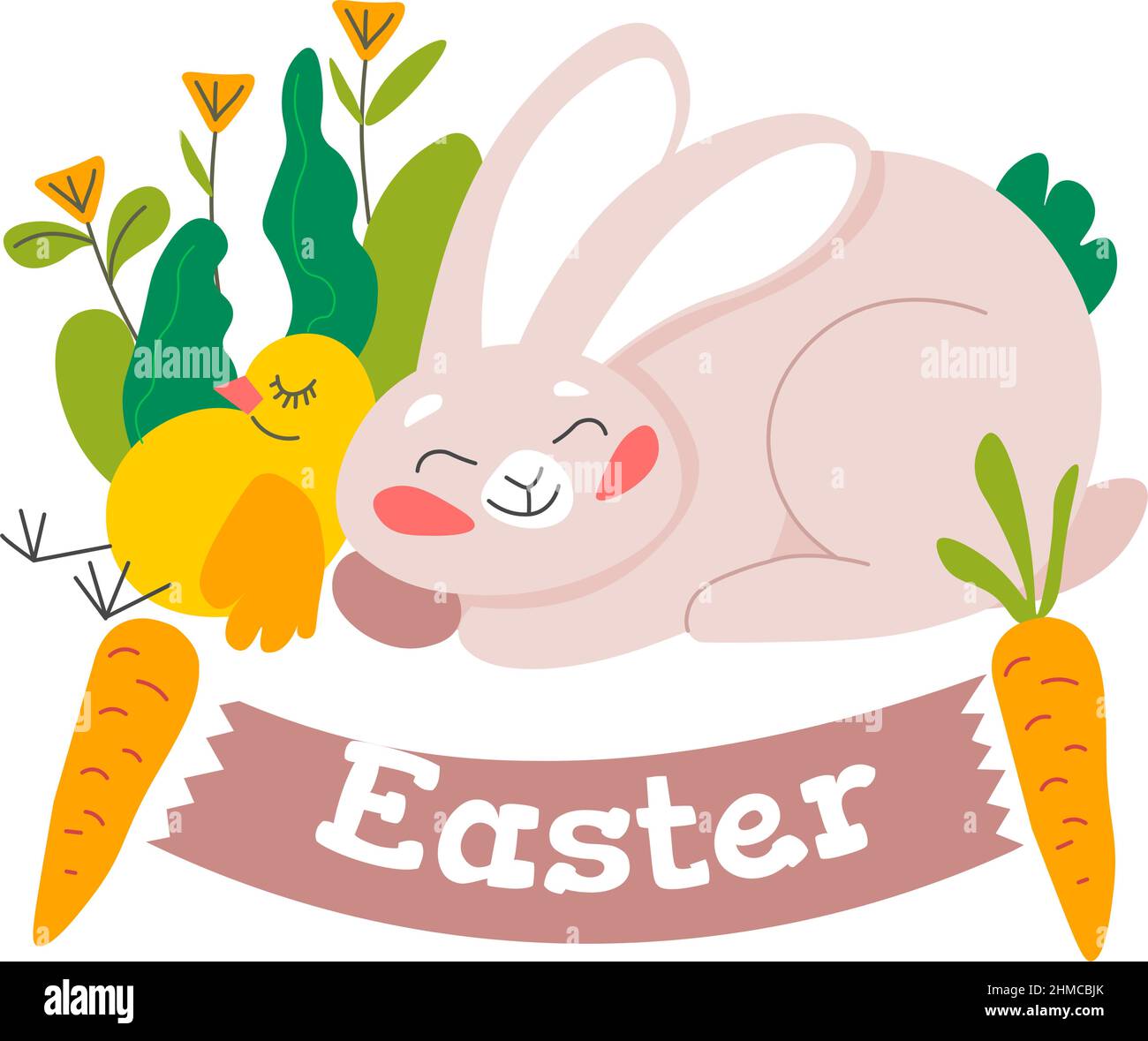 Spring holiday celebration, isolated easter bunny and small chicken sleeping in flora. Easter day greetings, banner with carrots, blossom and botany i Stock Vector