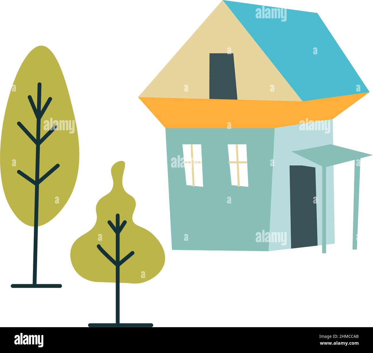 Old cottage or summer house in countryside or rural area, isolated home with porch and tree in garden. Forest or woods, natural landscape and ecosyste Stock Vector