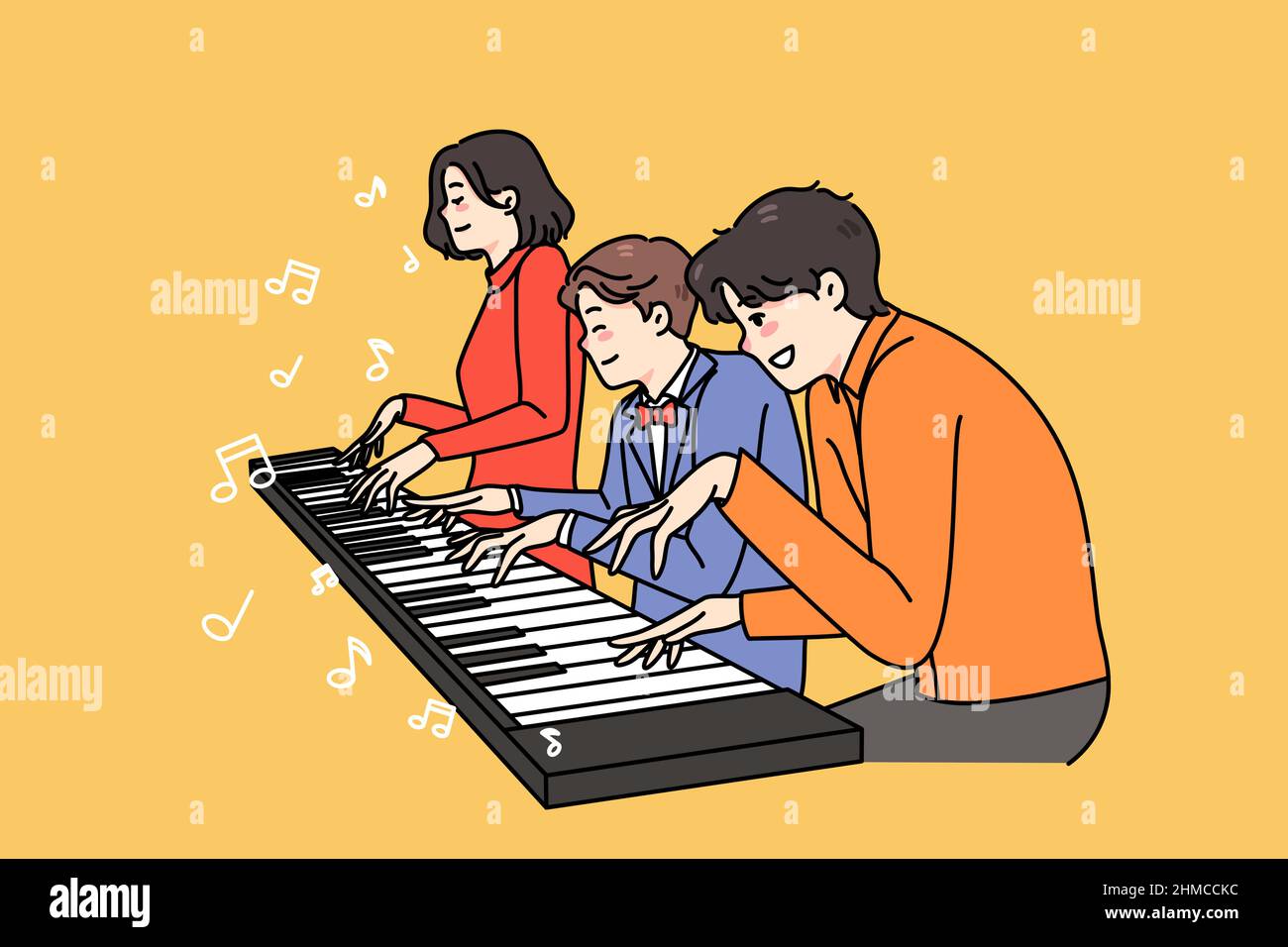 Happy family with son have fun playing one piano together. Smiling parents and kid enjoy weekend involved in music improvisation. Musician hobby and entertainment. Vector illustration.  Stock Vector