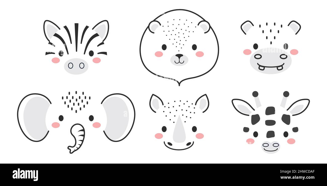 Cute collection of cartoon animal faces. Party decor for children ...