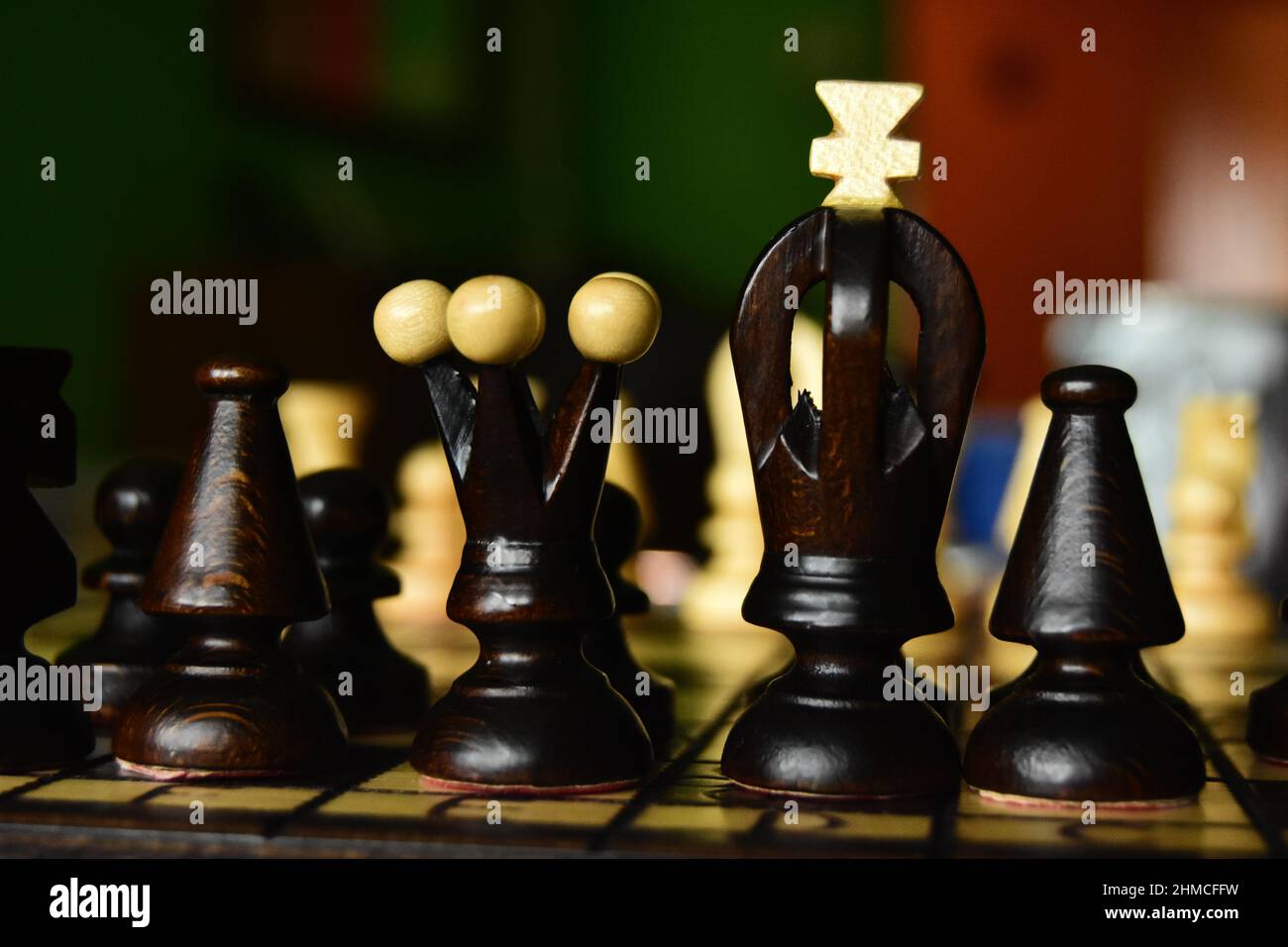 Chess Board with King, Queen and Rook in Checkmate Stock Photo - Alamy