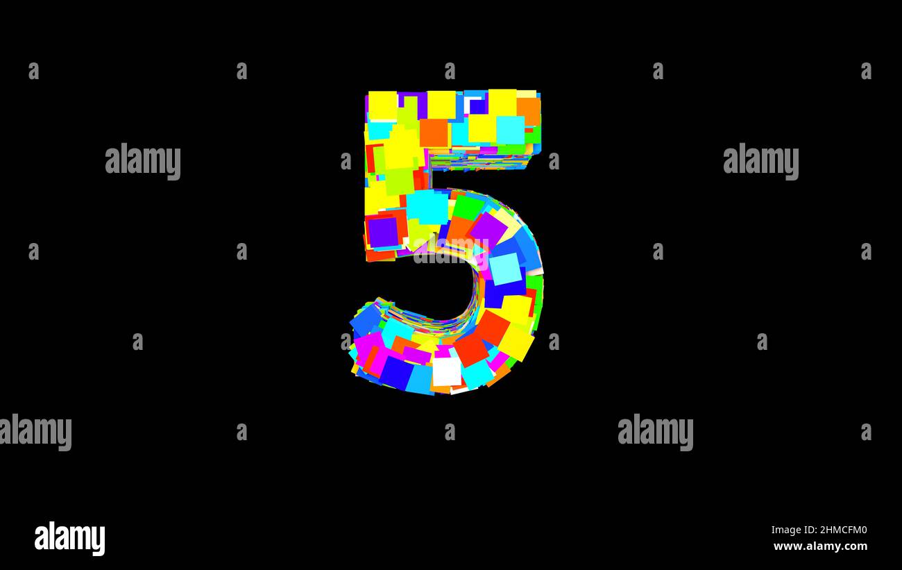 Number 5. 3D Bright colored uppercase large number 5 empty black