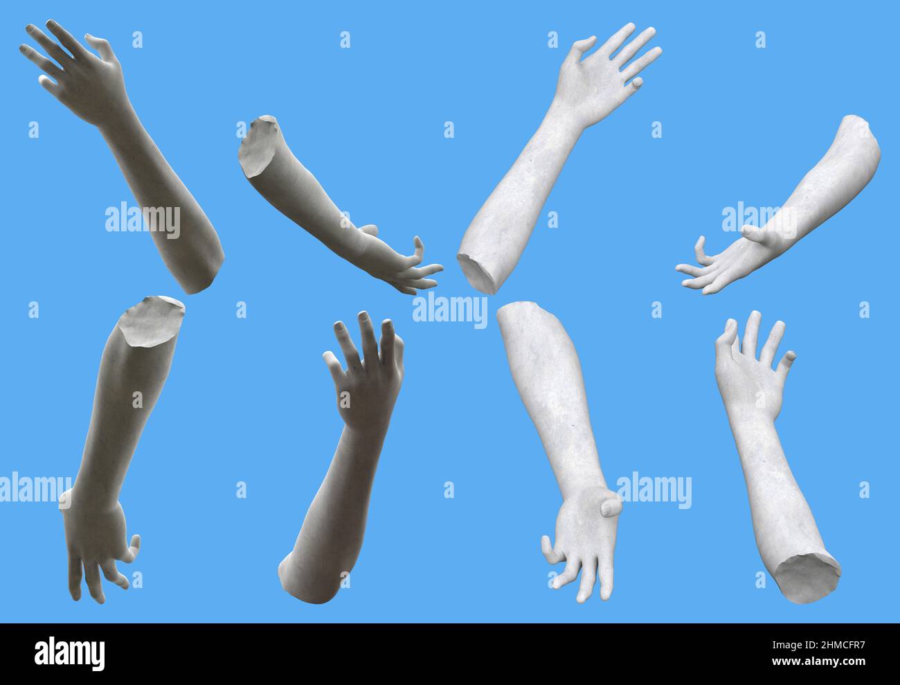 8 white stone statue hand realistic renders isolated on blue, lights ...