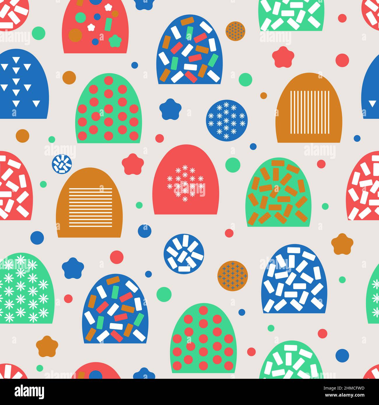Multicolored abstract seamless pattern with circles, rings, ovals, rectangles, flowers Stock Vector