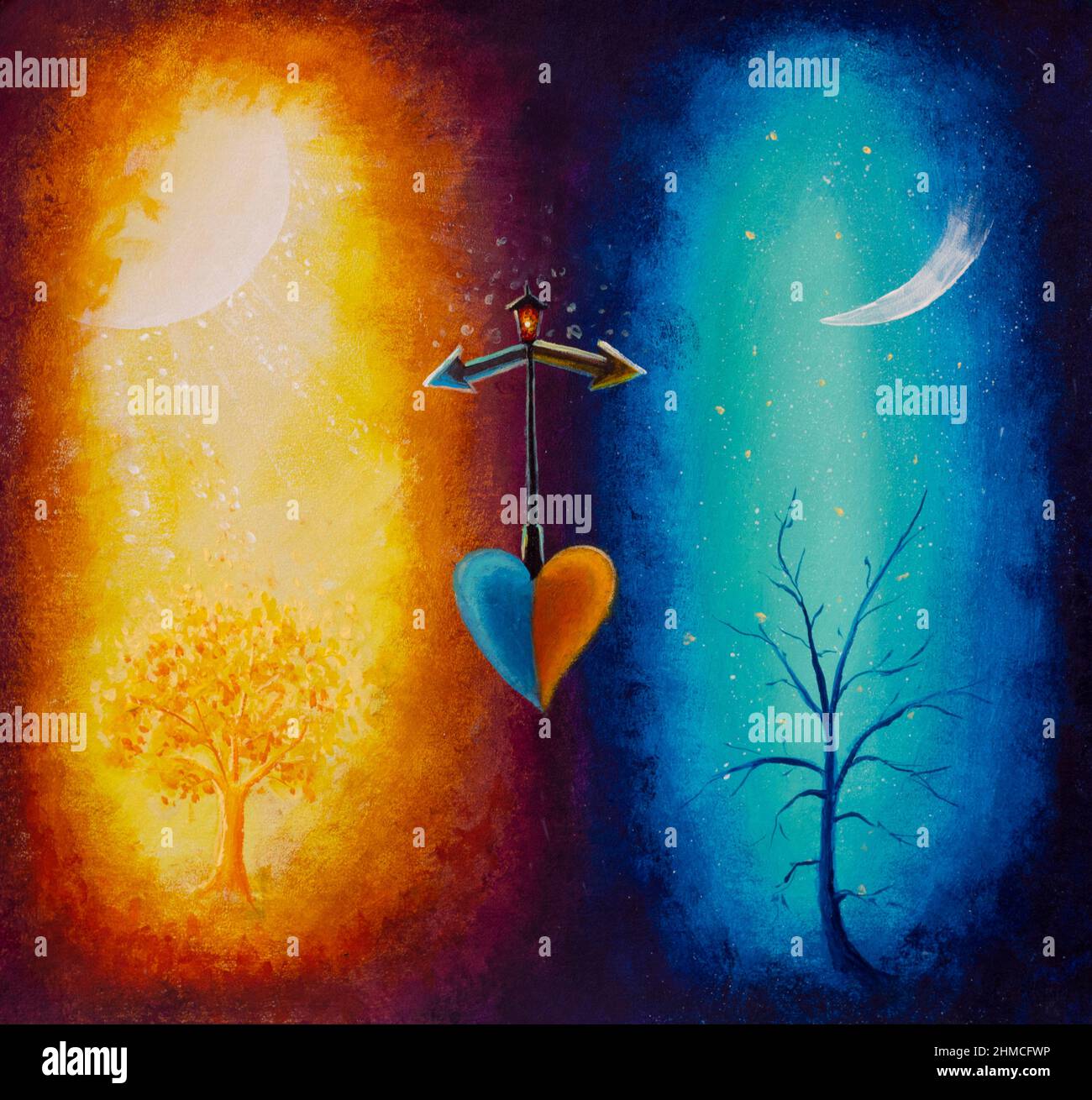 Choice of heart concept Acrylic painting harmony illustration The concept of opposite energies: male-female, day-night, light-dark, yin-yang Stock Photo