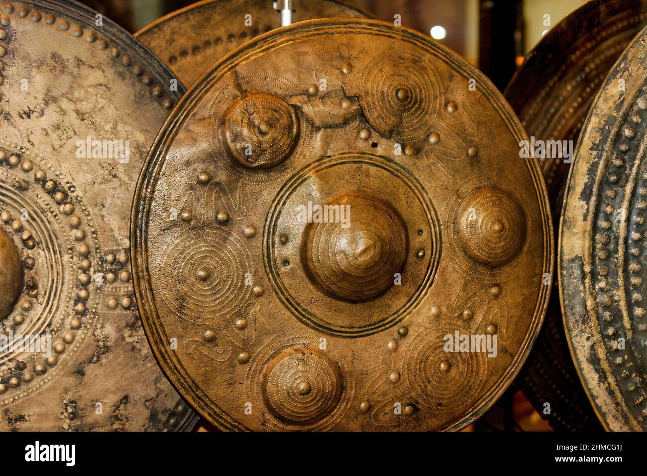 Viking combat shields still with the dents received in battle,National Museum of Denmark (Nationalmuseet) Stock Photo