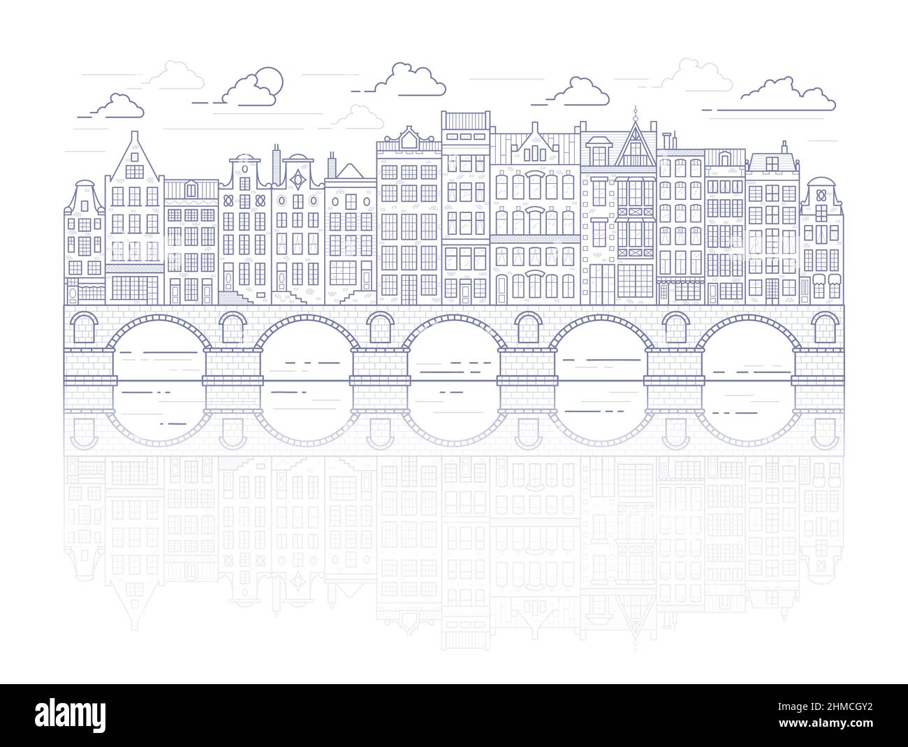 Amsterdam old style houses. Typical dutch canal homes lined up near a canal in the Netherlands. Building and facades on bridge. Vector outline Stock Vector