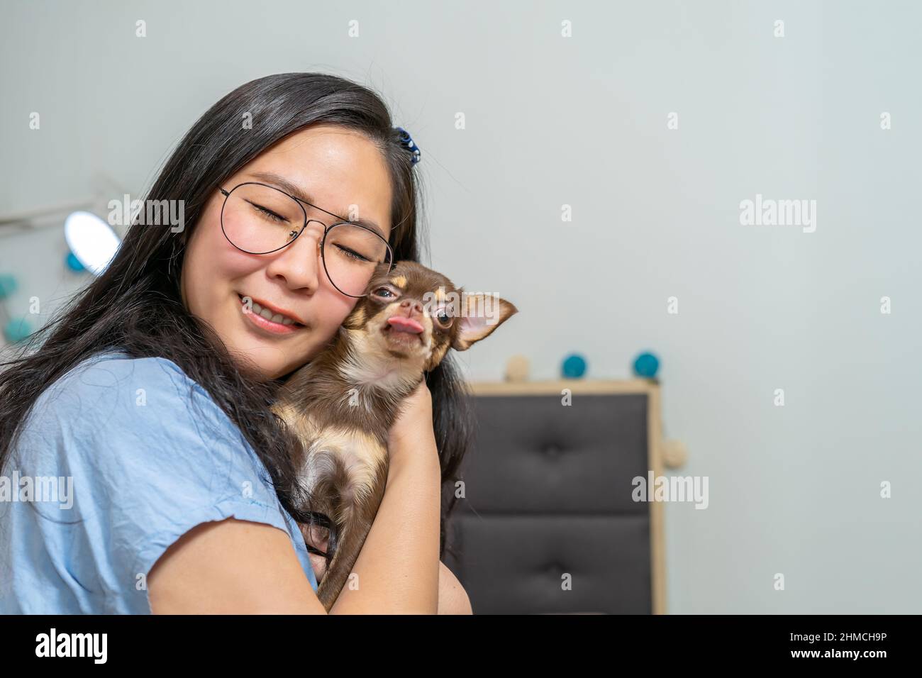 A lovely moment of a girl hugs her dog, Chi Hua Hua. The dog feels her love then she split her tounge out. Stock Photo