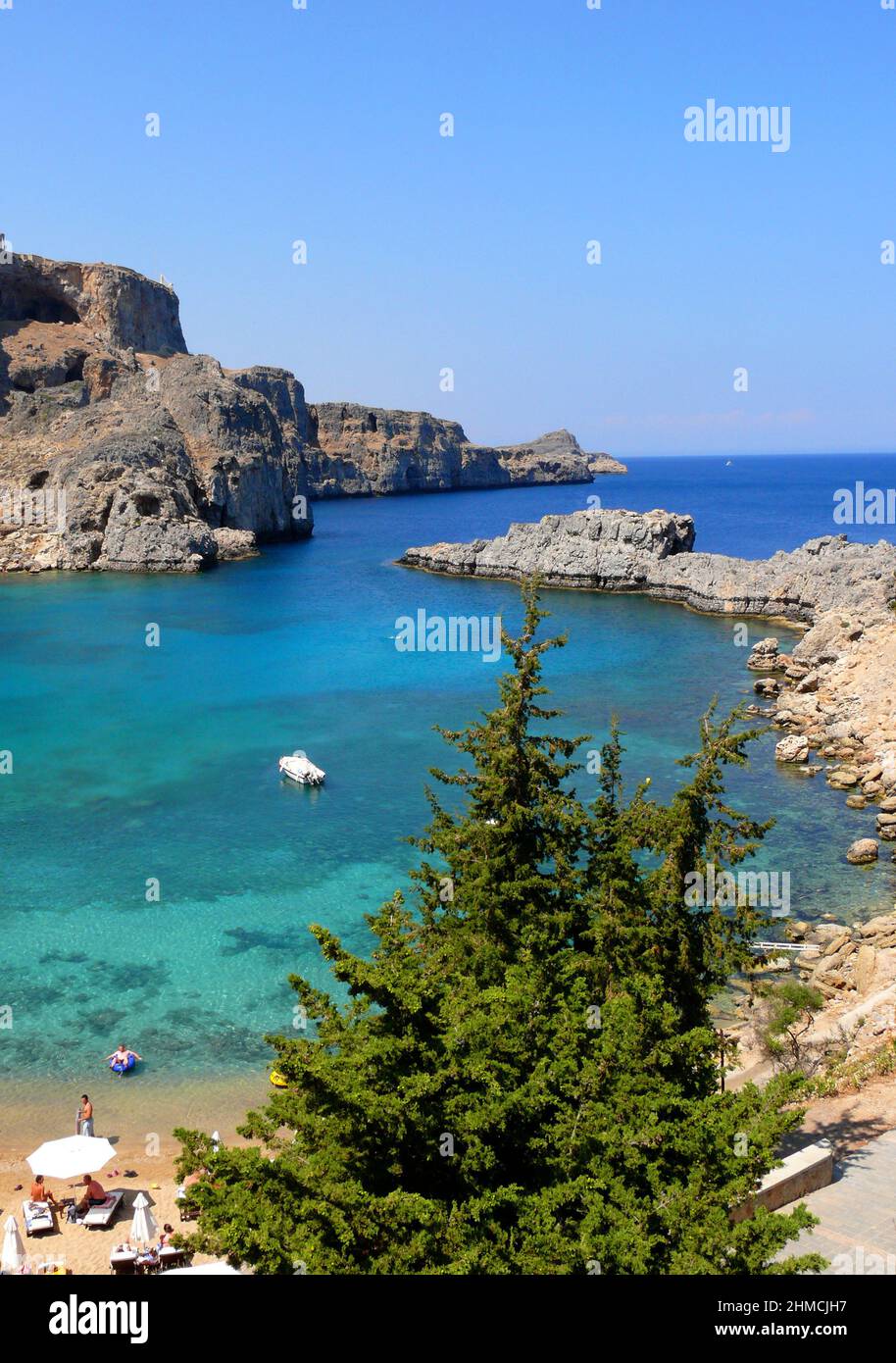 coastline, St Pauls Bay Lindos,  Rhodos island, Greece Stock Photo
