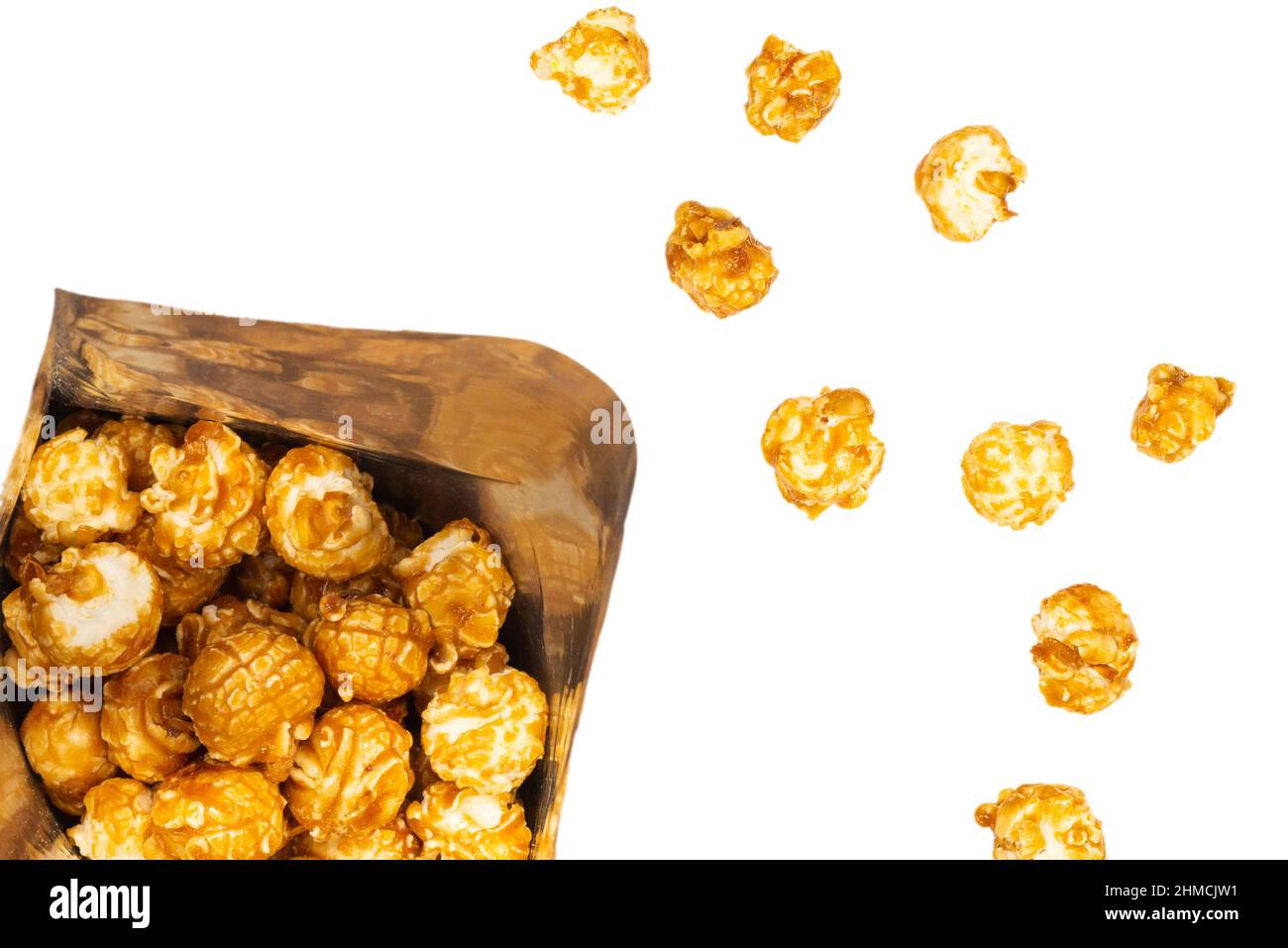 Pop corn isolated on white background. Top view. Stock Photo