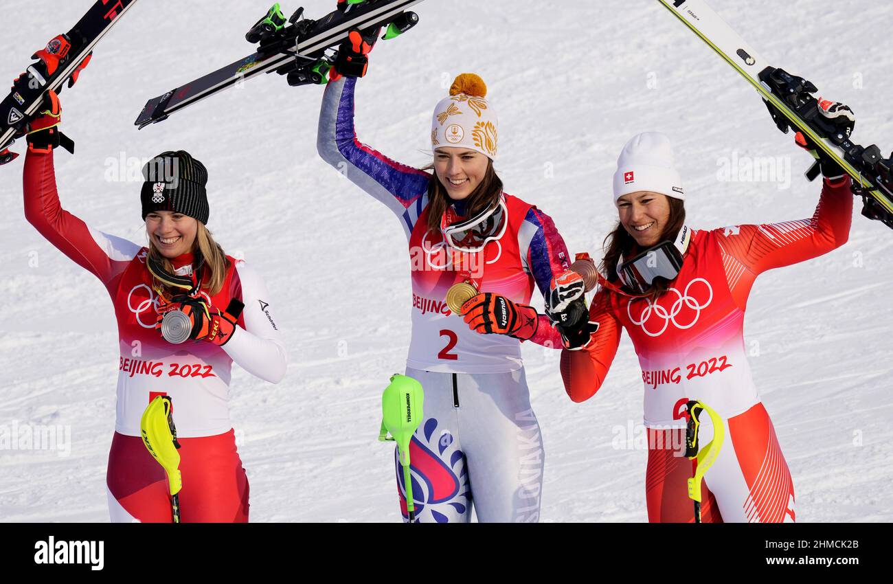 Beijing, China. 09th Feb, 2022. The medalists in the women's Slalom pose on the podium with their medals (L-R) Katharina Liensberger of Austria, silver; Petra Vlhova of Slovakia, gold and Wendy Holdener of Switzerland, bronze at the Winter Olympics in Beijing on Wednesday February 9, 2022. Photo by Rick T. Wilking/UPI Credit: UPI/Alamy Live News Stock Photo