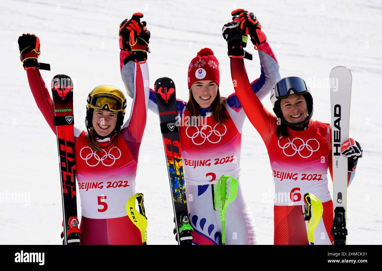 Beijing, China. 09th Feb, 2022. The medalists in the women's Slalom pose just after the race (L-R) Katharina Liensberger of Austria, silver; Petra Vlhova of Slovakia, gold and Wendy Holdener of Switzerland, bronze at the Winter Olympics in Beijing on Wednesday February 9, 2022. Photo by Rick T. Wilking/UPI Credit: UPI/Alamy Live News Stock Photo