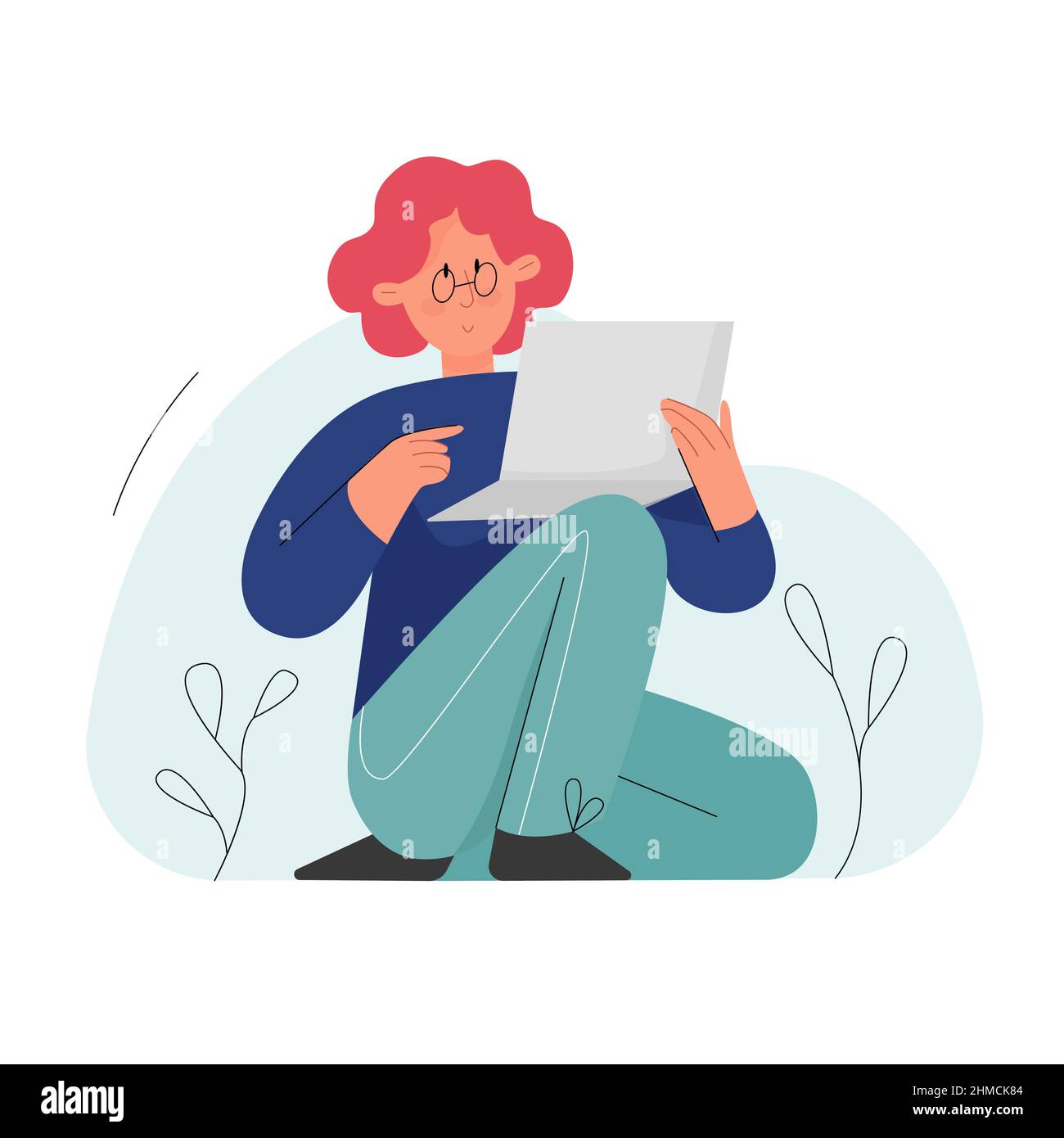 Cute sitting girl with glasses reading a paper letter. Young smiling lady receiving sheet envelope cartoon vector illustration Stock Vector