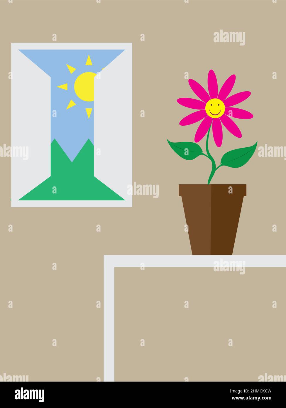 scene of Morning with flower in a pot and Sun in Window in Home Vector ...