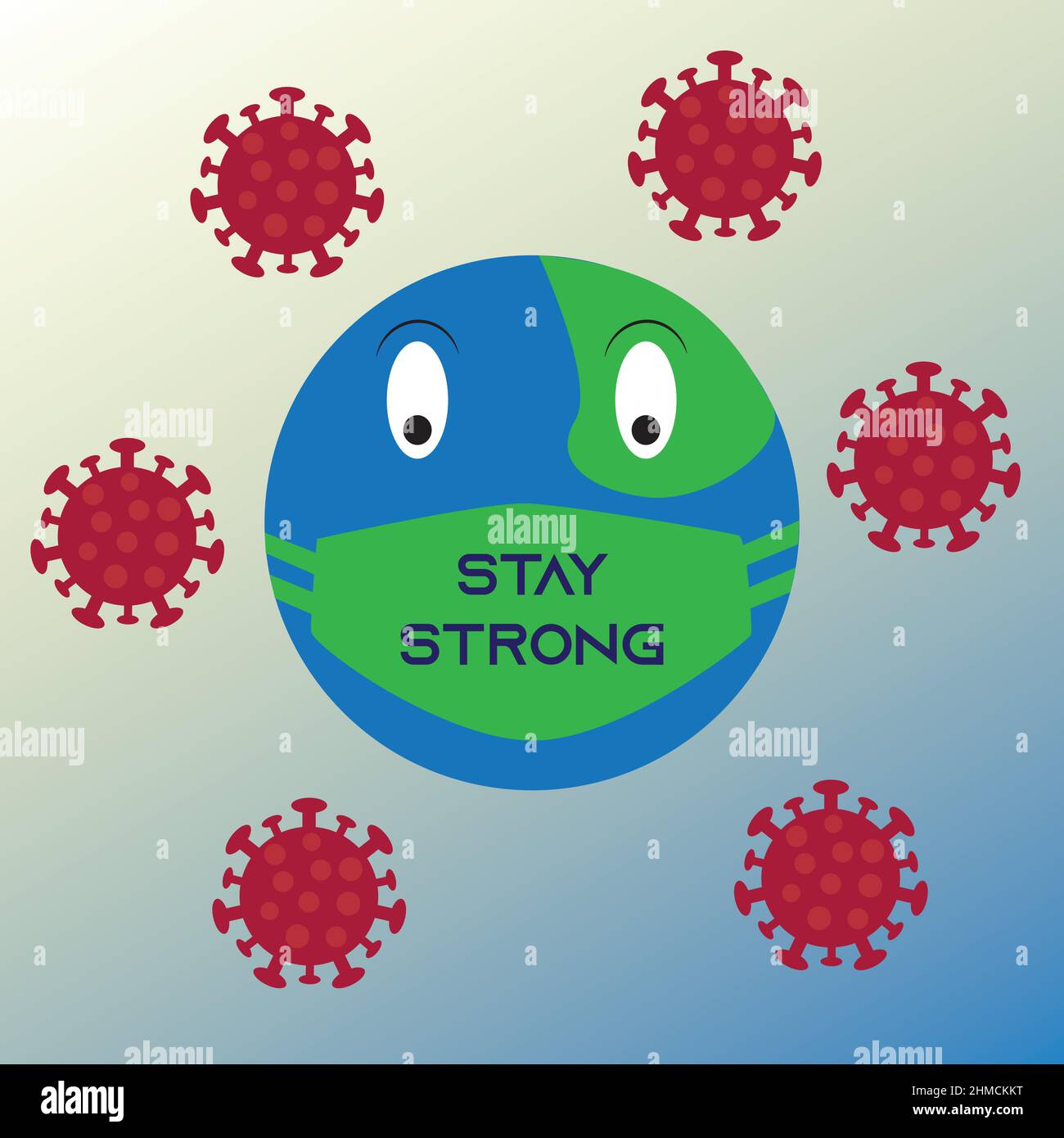 Deadly Virus targeting Earth , earth wearing Face  Mask . Stay away from  Corona Virus. Stay Strong word written in the Mask Stock Vector