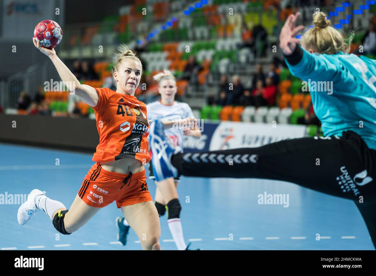 LUBIN, POLAND - OCTOBER 16, 2021: Handball women Polish PGNiG match between MKS Zaglebie Lubin vs Mlyny Stoislaw Koszalin 37:22 . In action Daria Zawi Stock Photo