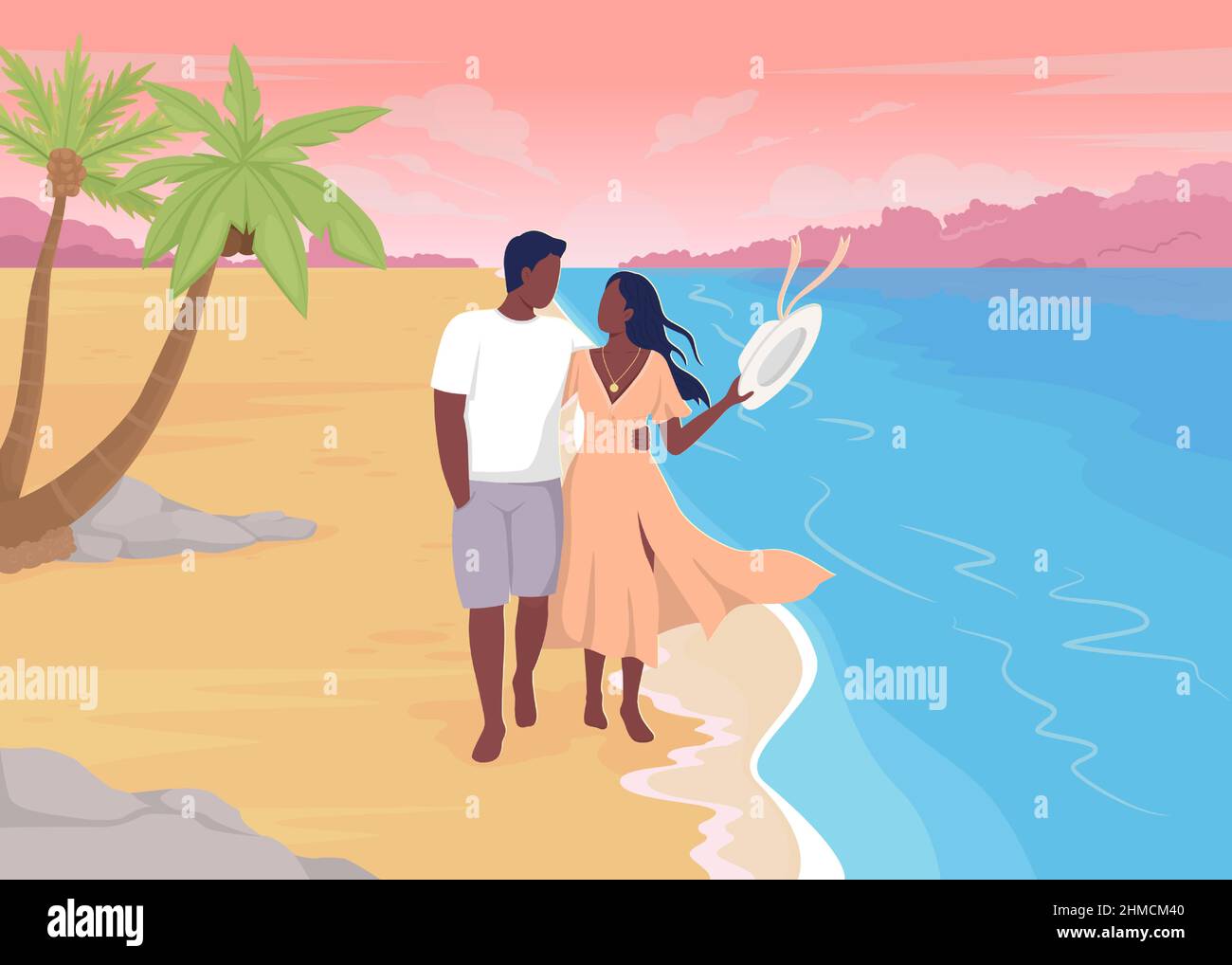 Walking barefoot on sandy beach flat color vector illustration Stock Vector
