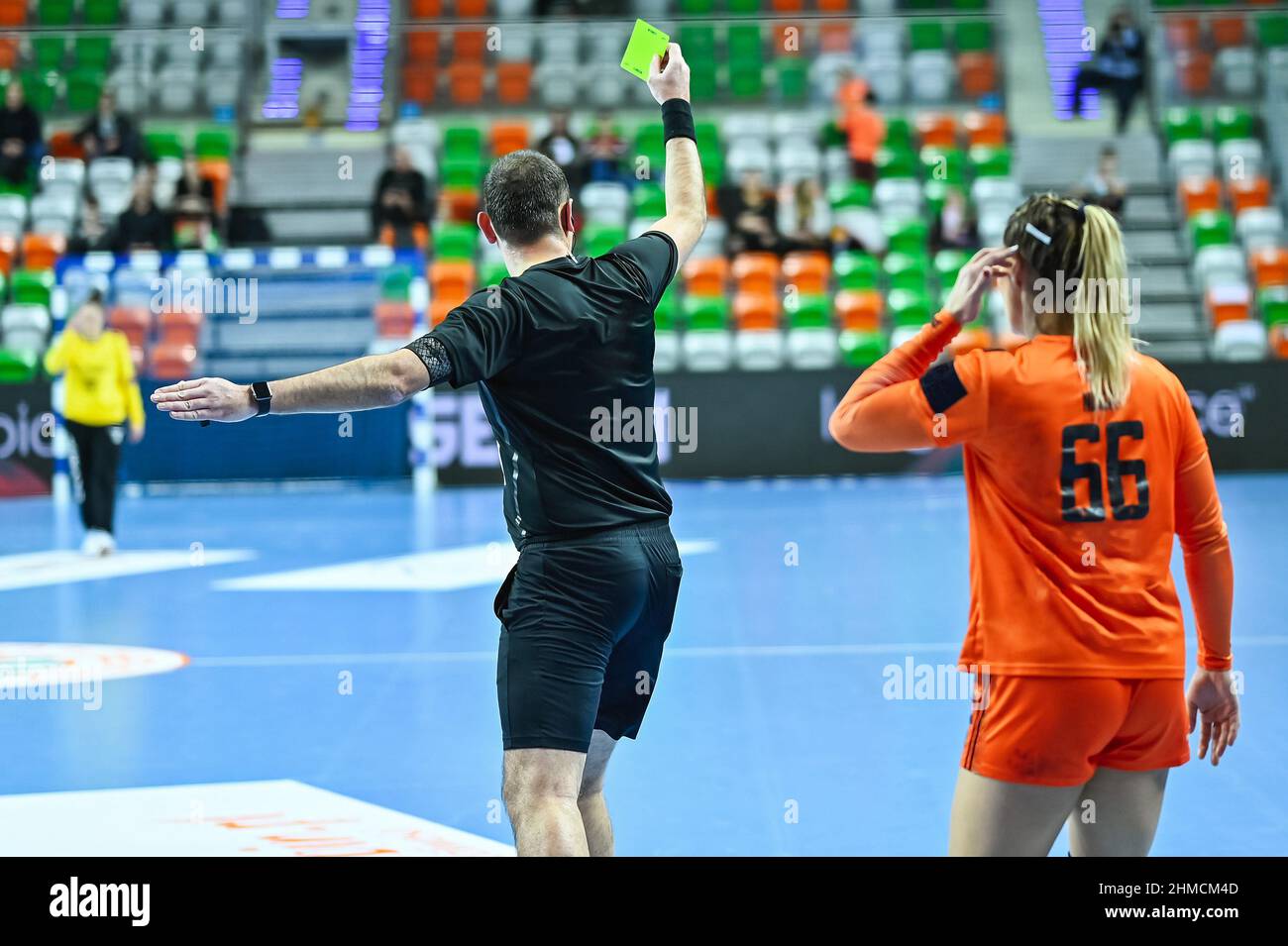 Referee shows yellow card during women handball match Stock Photo Alamy