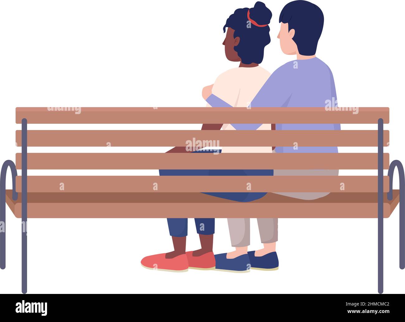 Embracing couple on bench semi flat color vector characters Stock Vector