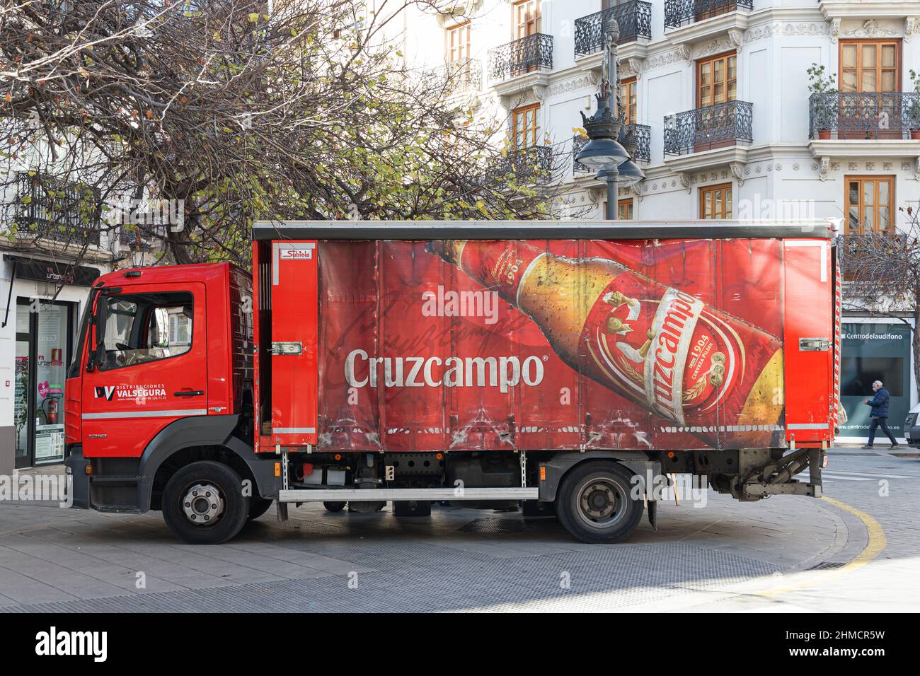VALENCIA, SPAIN - FEBRUARY 02, 2022: Cruzcampo is a Spanish brewery. It is part of the Heineken corporation Stock Photo